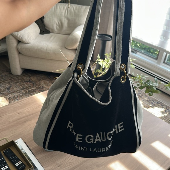 NWT $2100 Saint Laurent Towel Cabas in terrycloth tote in black + light gray - Picture 6 of 13